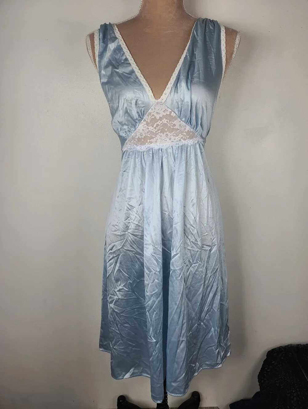 Vtg 60's Lorraine Blue Nylon Lace Front Sleeveless Midi Slip Retro Nightgown M - Picture 2 of 15